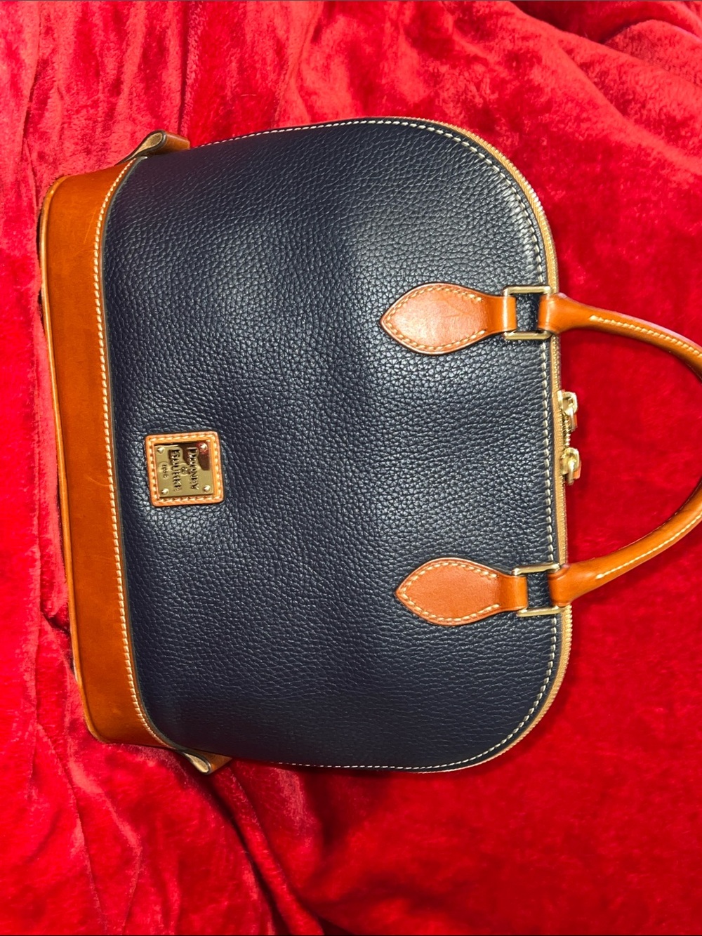Dooney & Bourke Navy Pebbled Leather Satchel with Tan Trim and Handles